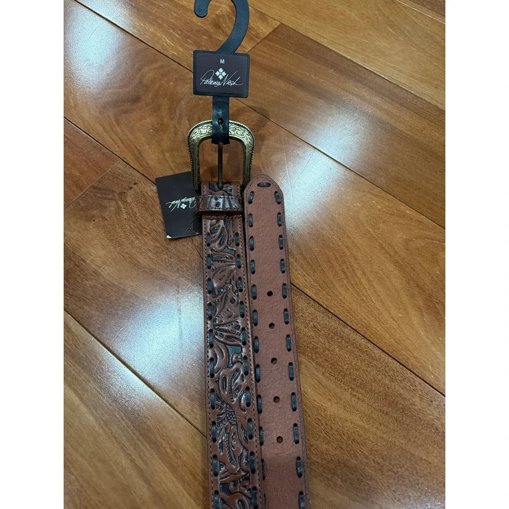 NWT‎ Patricia Nash Amelia Tan Tooled Leather Whipstitch Belt B157294 Medium